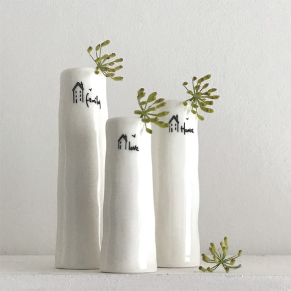 East of India White Bud Vases - Family, Home, Love