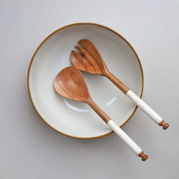 Set of Two Wooden Salad Servers With White Resin Handles From Biggie Best