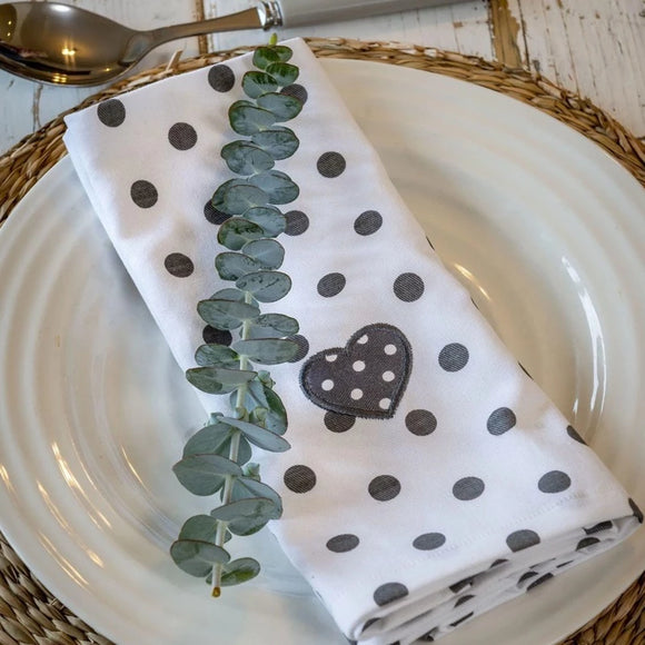 Set of Four White and Charcoal Polka Dot Cotton Napkins