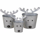 Set of Three Zinc Metal Reindeer Planters With Antlers and Reindeer Face Decals