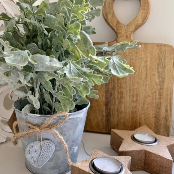 Artificial Herb Plant In a Galvanised Metal Container With A Cute Heart Decoration With A Jute Tie