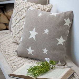 Taupe and Ivory Knitted Scattered Star Cushion With Feather Inner