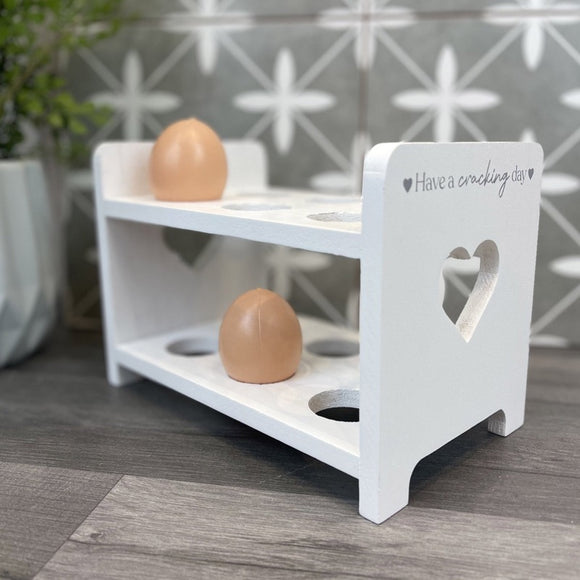 White Painted Wooden Egg Rack With Heart Cut-outs