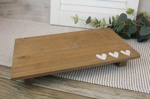 Rustic Wooden Tray On Legs With Three White Painted Hearts