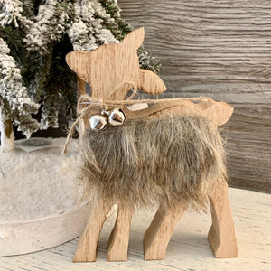 Christmas Wooden Standing Deer With Woolly Coat