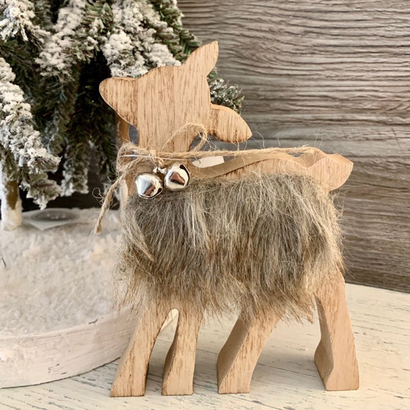 Christmas Wooden Standing Deer With Woolly Coat