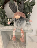 Long Legged Sitting Gonk With Grey Antlers and Fuzzy Pink Trimmings