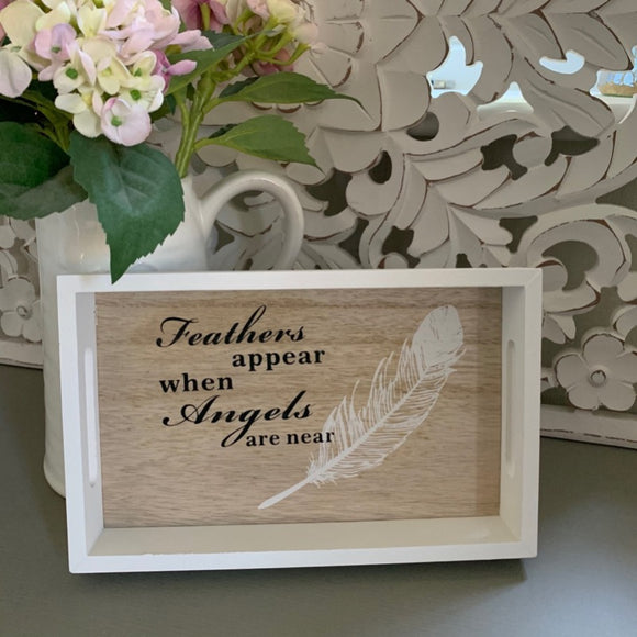 White oblong tray 'Feathers appear when angels are near'