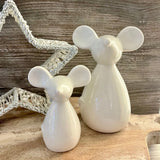 Set of Two White Glazed Ceramic Sitting Mice