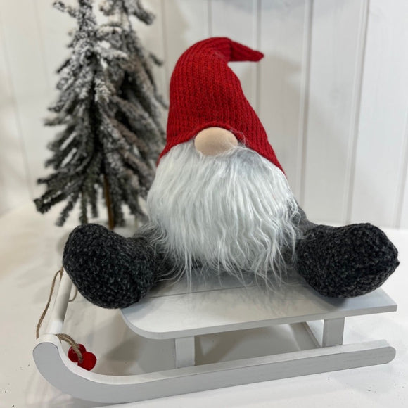 Sitting Gonk With Big Red Hat Fluffy White Beard and Black Woolly Boots