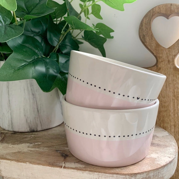 Pink and White Ceramic Cereal Bowl With Row of grey Dots and Cute Little Heart Design