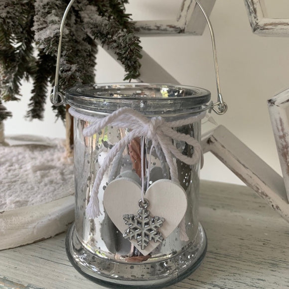 Christmas Silver Snowflake Design Glittery Tealight Candle Holder