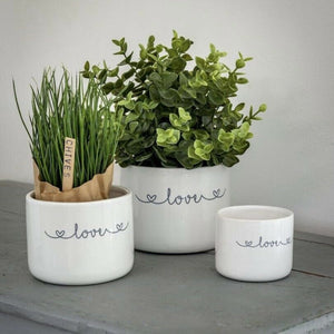 Set of Three White LOVE Ceramic Pots