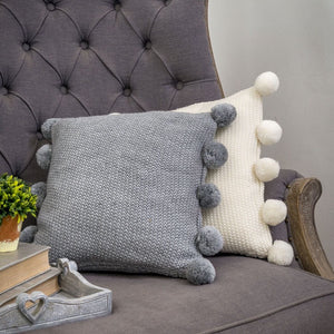 Grey Moss Knitted PomPom Cushion Complete With Feather Inner