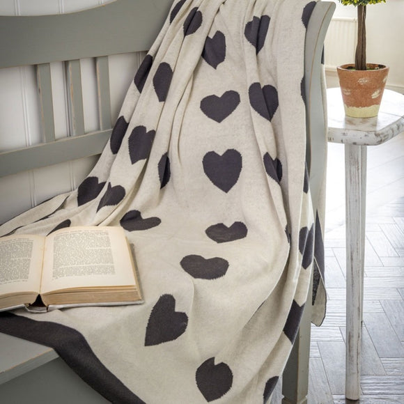 Gorgeous Cotton Reversible Charcoal and Ivory Heart Throw