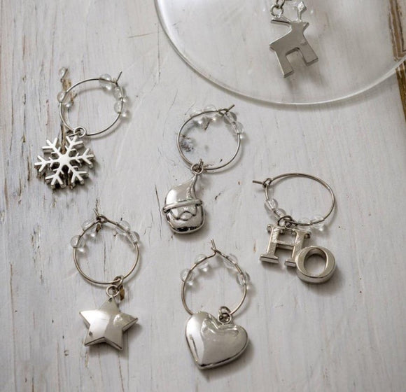 Set of Six Silver Nickel Christmas Wine Glass Charms