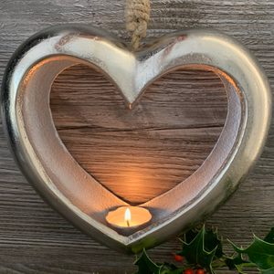 Large Casted Silver Cut-out Heart Candle Tealight Holder