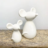 Set of Two White Glazed Ceramic Sitting Mice