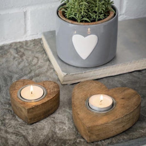 Set of Two Natural Mango Wood Heart Tealight Candle Holders