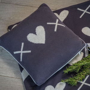 Knitted French Grey and Ivory Knitted Cushion Decorated With Hearts And Kisses