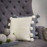 Ivory Moss Knitted PomPom Cushion Complete With  Feather Inner