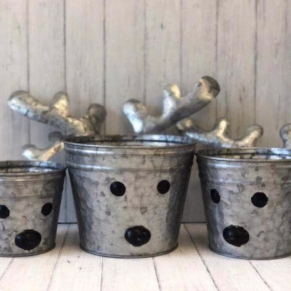 Set of Three Zinc Effect Reindeer Planters With Antlers and Cute Reindeer Faces